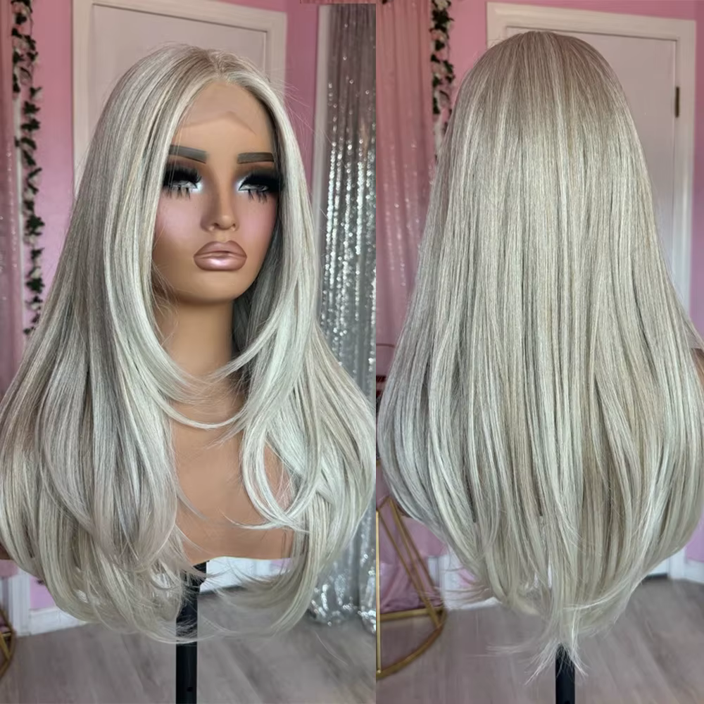 Perruque Balayage Blond Cendré Crémeux, Perruque Lace Front HD Invisible, Fibre Synthétique Premium,