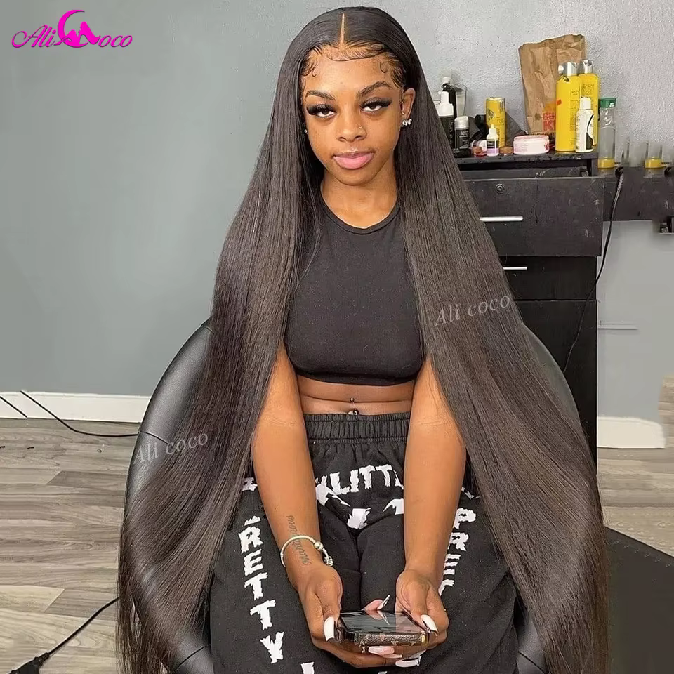 Perruque Lace Front Wig naturelle lisse-ALI COCO, 13x4 13x6, 36 38 pouces, pre-plucked, densité 250,