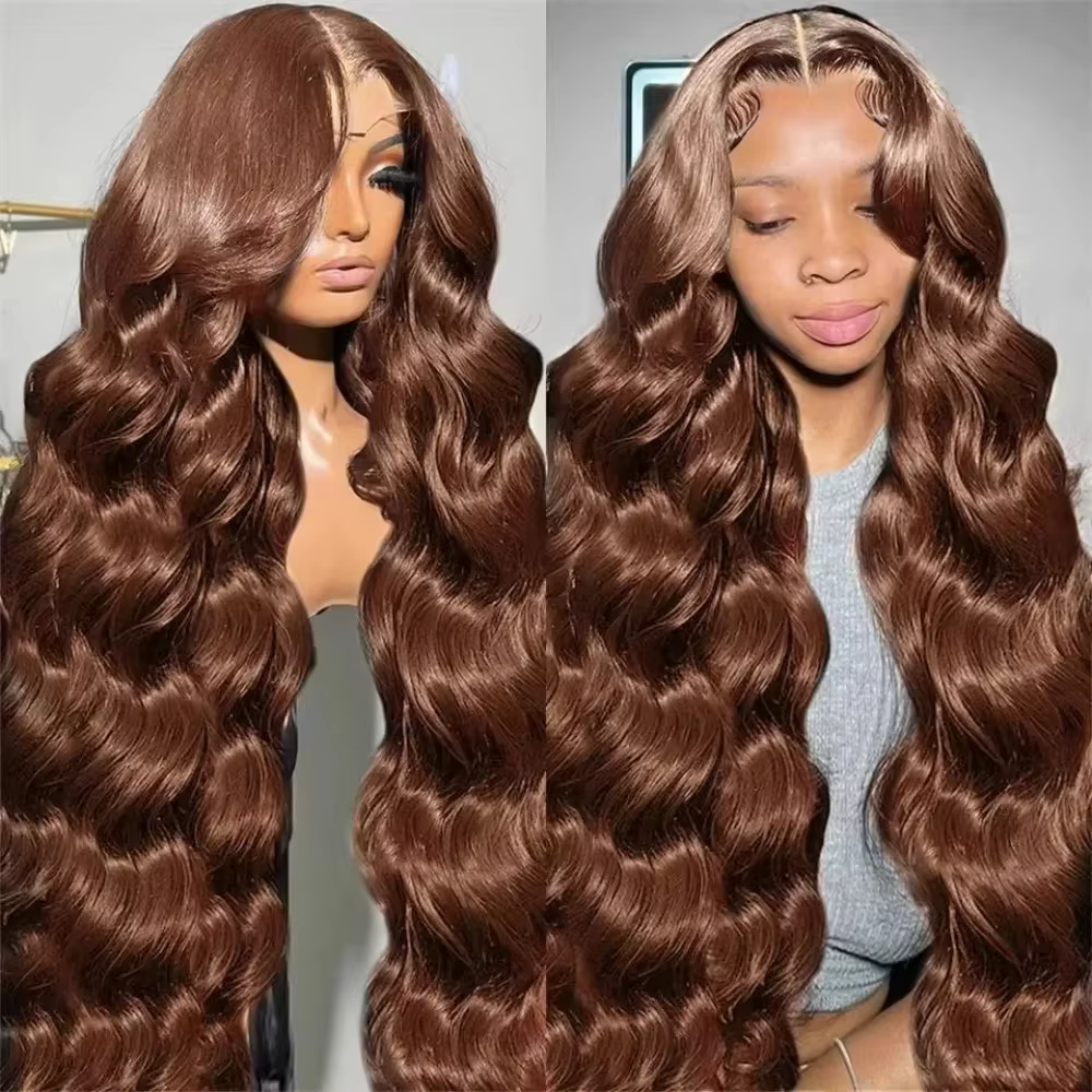 220% densité 36 pouces chocolat brun vague de corps 13x6 dentelle avant perruques de cheveux humains