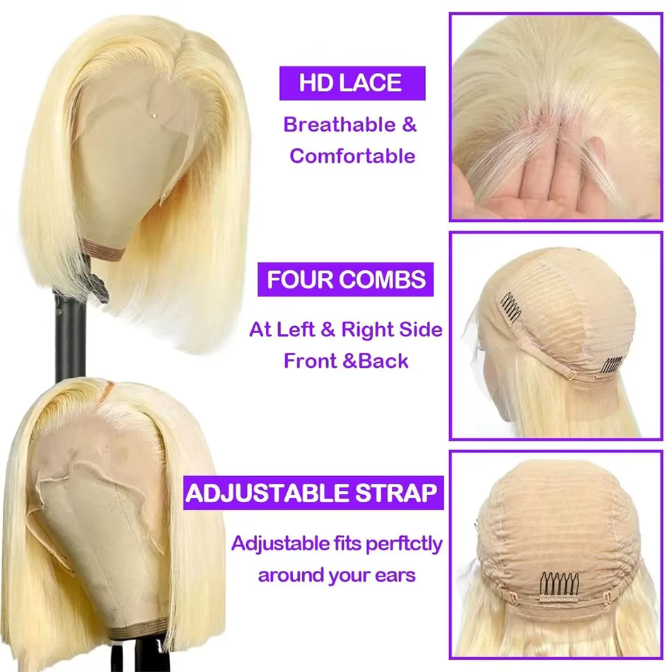 Perruques Courtes Bob Blond Miel 613 avec Dentelle Frontale 13x6, 100% Cheveux Humains, Fermeture Dr