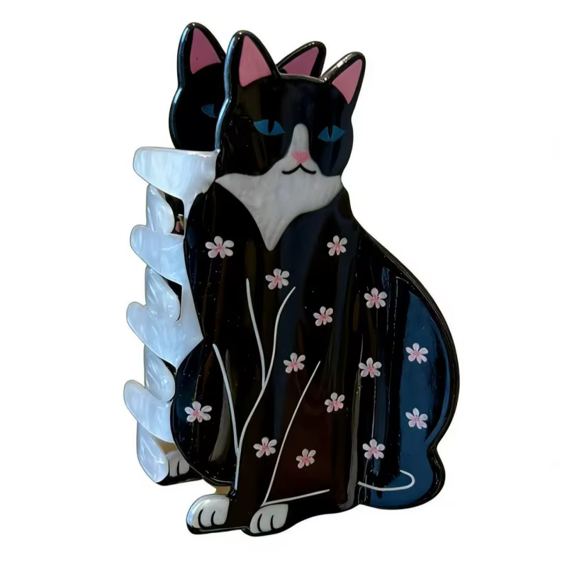 Barrettes à cheveux mignonnes en forme de chat noir floral, pinces à cheveux tendance en forme de ch