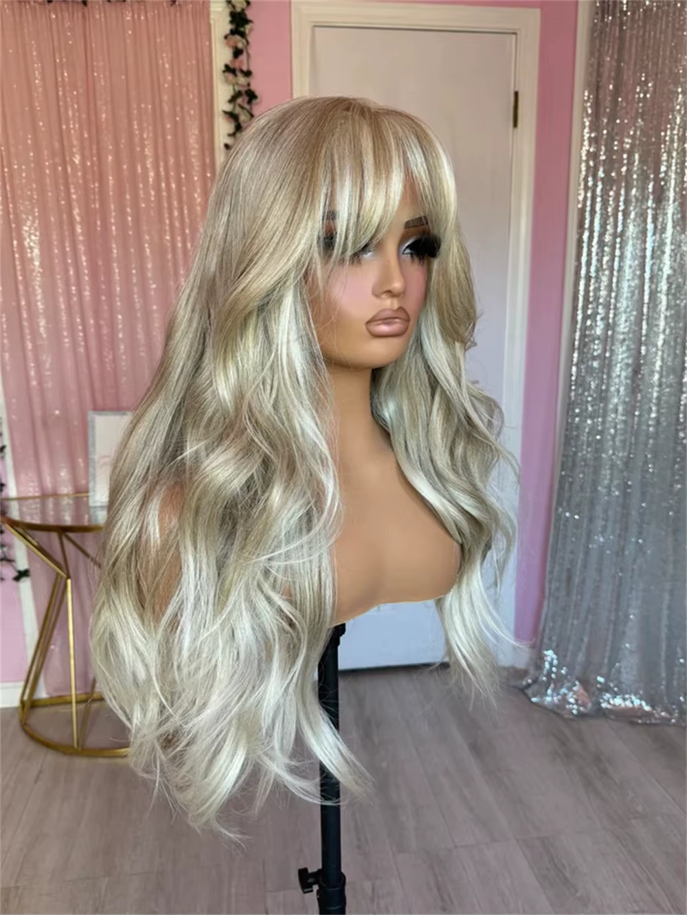 Perruque Lace Front Wig sans colle avec frange, 28 pouces, cheveux humains synthétiques de luxe, fib
