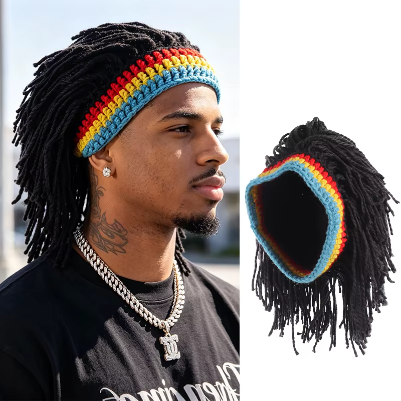 Chapeau perruque dreadlocks en crochet amusant avec bandeau arc-en-ciel, en fibre synthétique pour f