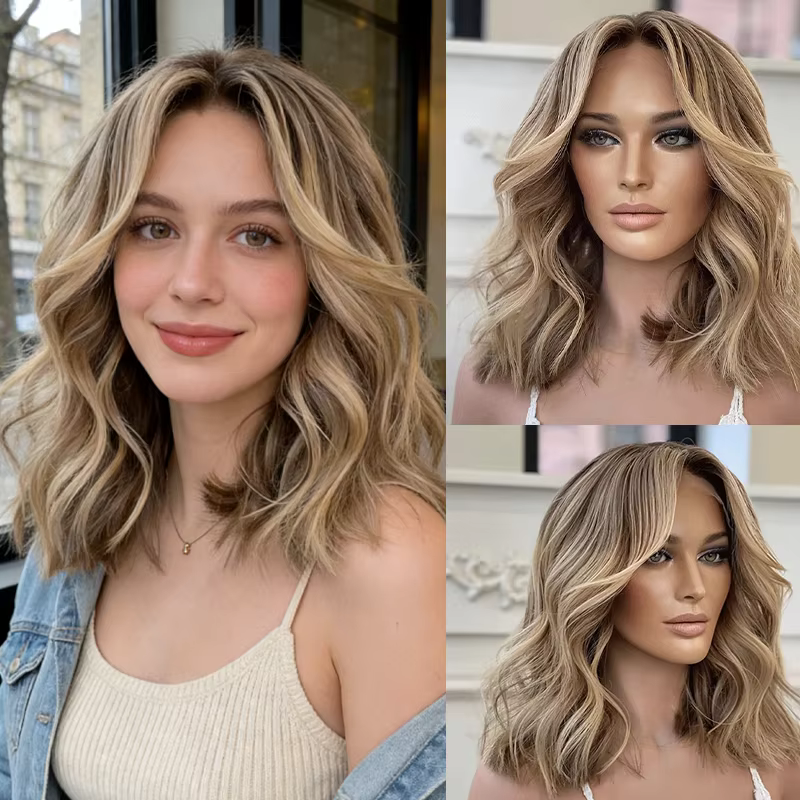 Perruque synthétique pour femme, cheveux bruns avec mèches blondes, coupe courte bob, longueur aux é