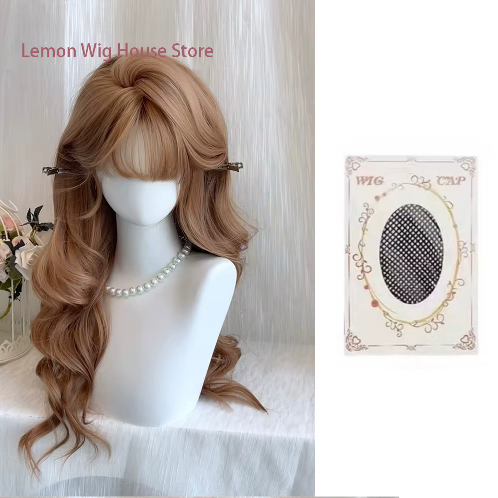 Perruque synthétique marron clair avec frange, longue et ondulée, perruque naturelle Lolita pour fem