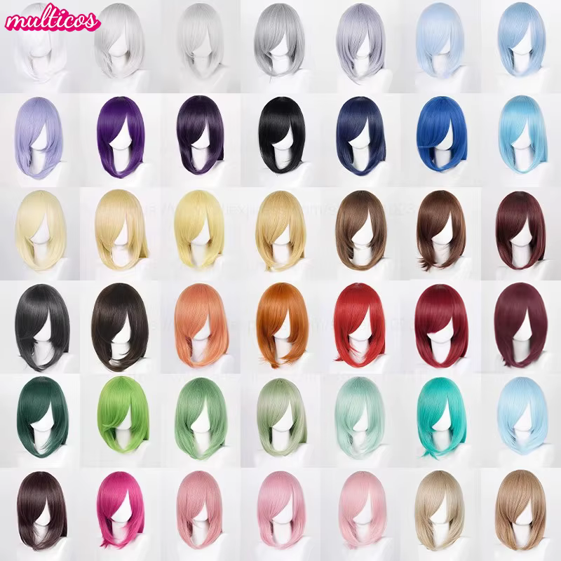 40 cm moyen basique Anime Cosplay perruque Bang Blond noir blanc rouge rose vert bleu marron or bleu