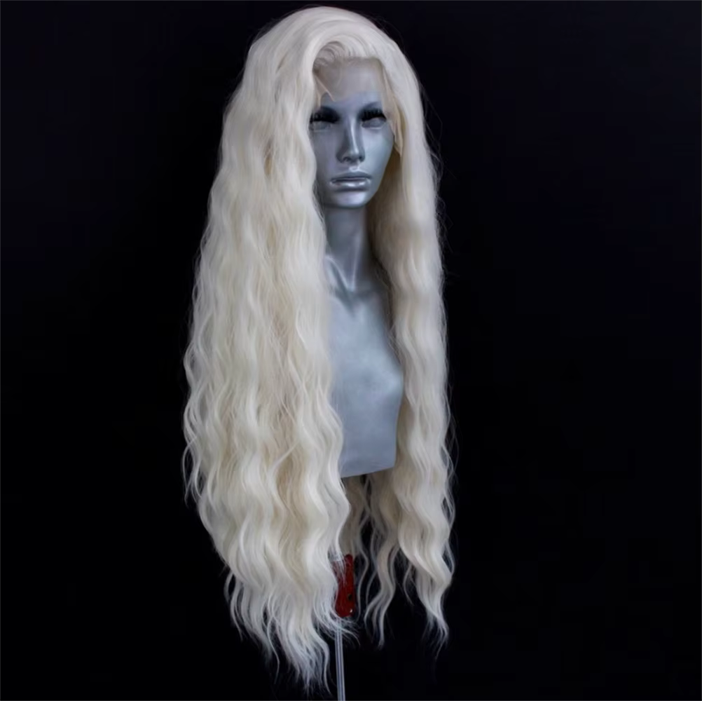 Perruque Lace Front Wig synthétique ondulée Blonde platine, perruque longue ondulée naturelle pour f