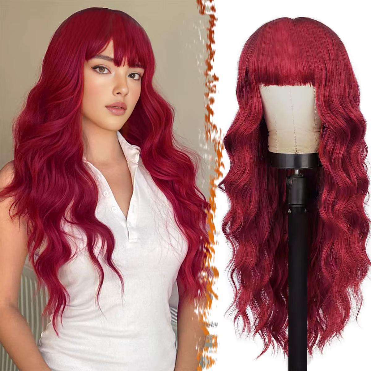 Perruque synthétique longue ondulée rouge ombrée avec frange, perruque bouclée de 26 pouces pour fem
