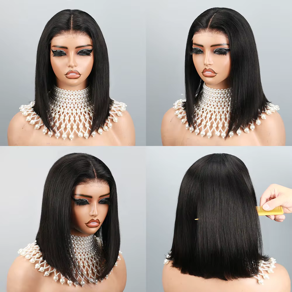 Perruques Bob Droit Sans Colle Cheveux Humains Densité 180% Fermeture en Dentelle HD 4x6 Perruques C