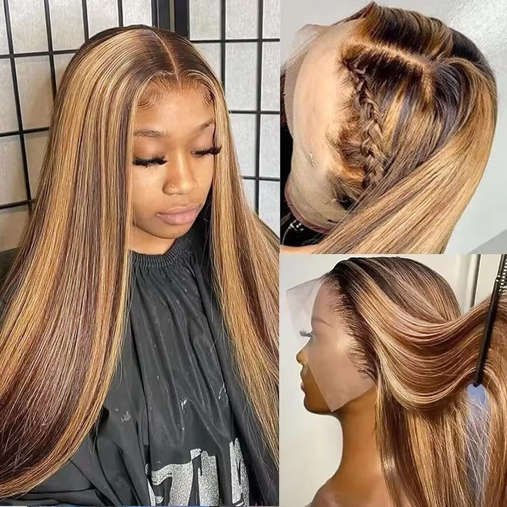 Perruque en cheveux humains 220% Highlight, Lace Front 13x4, lisse, pré-épilée, couleur 4/27, brésil