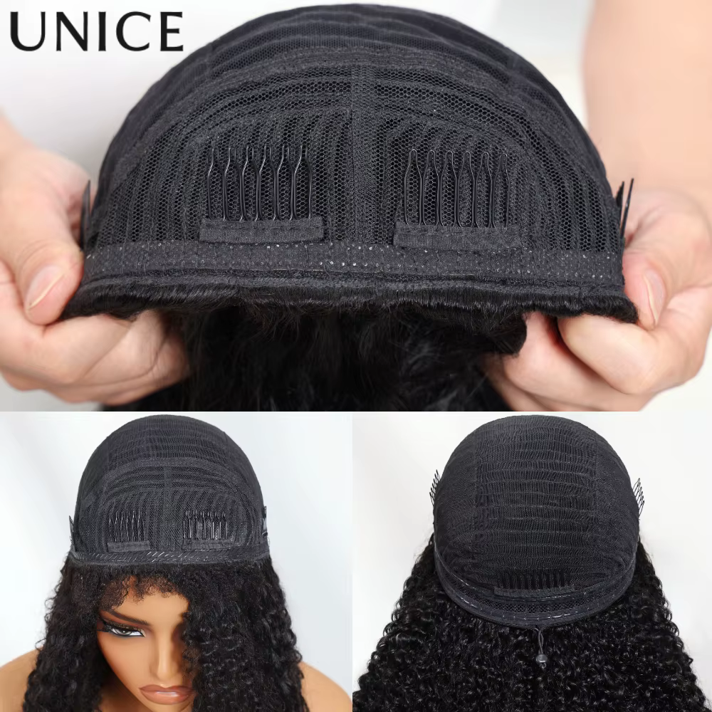 UNice cheveux châtain brun ombré crépus bouclés demi perruques avec bords 4C et cordon invisible 100