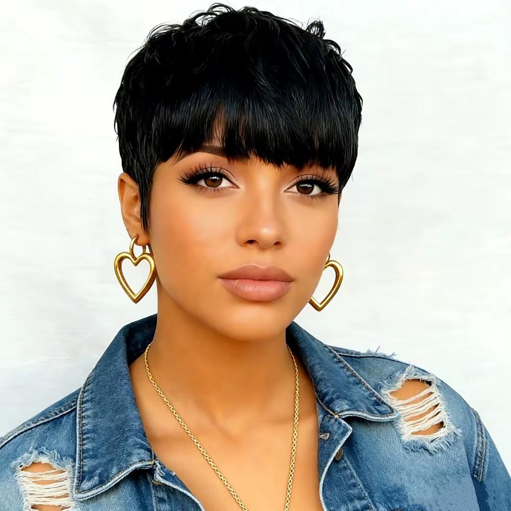 Perruque pixie à 150% de densité, 6 pouces, couleur brun/99j/noir naturel, coupe pixie, perruque fab