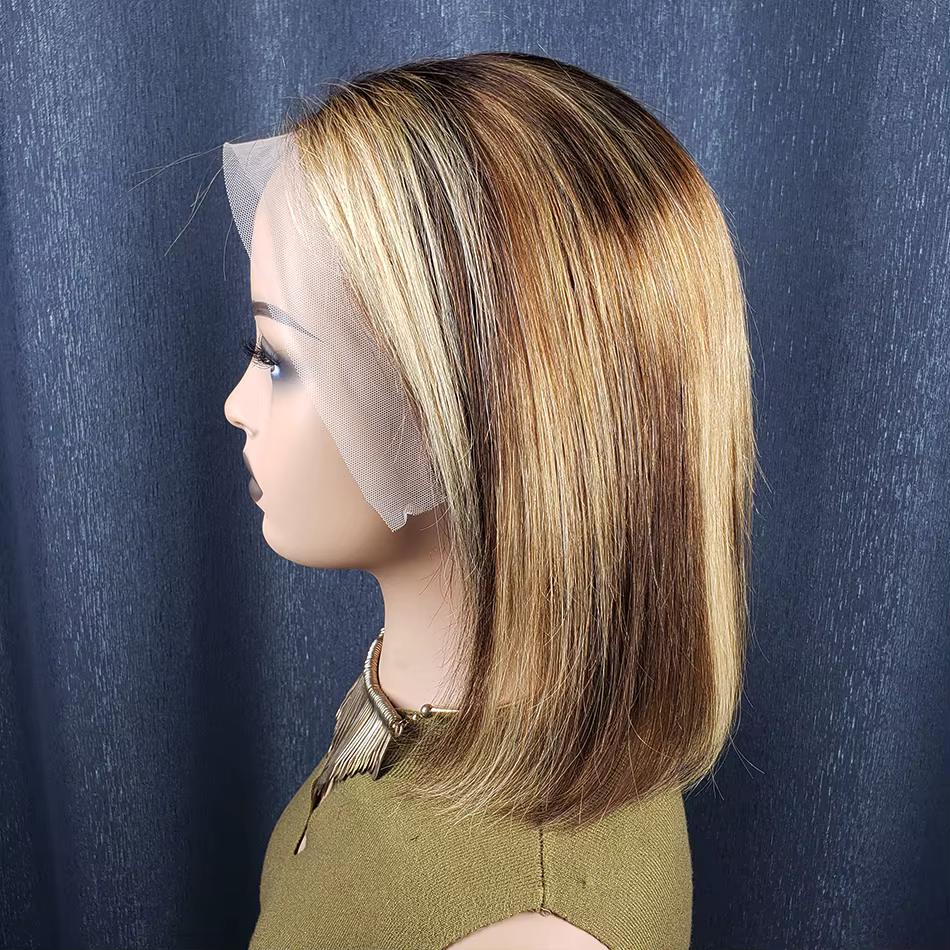 Perruque Bob Lace Front Wig naturelle à reflets blond chocolat, cheveux courts et lisses, coupe Pixi