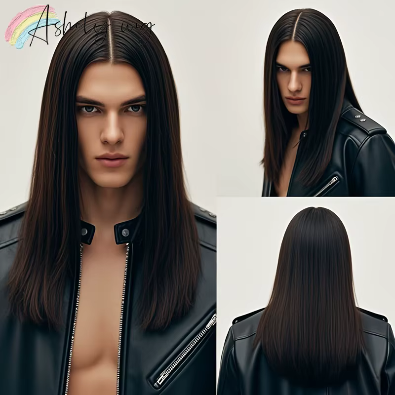 Perruque synthétique longue et lisse noire pour hommes, Style Rock réaliste avec frange pour fêtes à