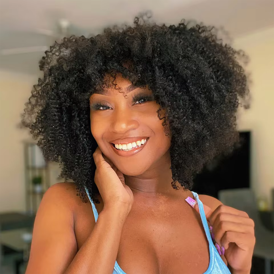 Perruques Bob Courtes Bouclées en Cheveux Humains, Perruques Afro Bouclées avec Frange, Perruques Bo