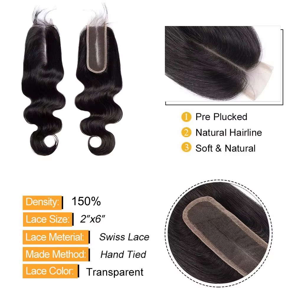 Fermeture de dentelle droite 2 × 6 cheveux humains vierges brésiliens vague de corps 2x6 fermeture d