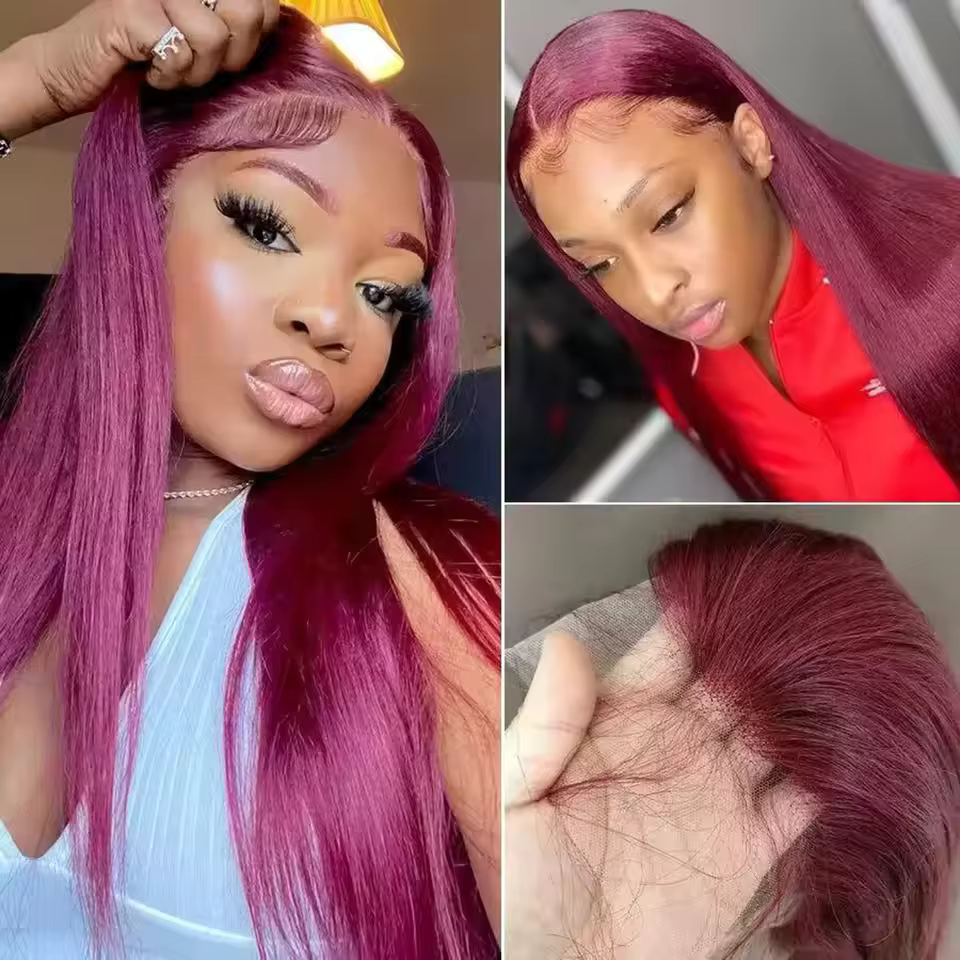 Perruque Lace Frontal Wig 100% naturelle, cheveux lisses, couleur bordeaux, 13x4 HD, 13x6, couleur 9