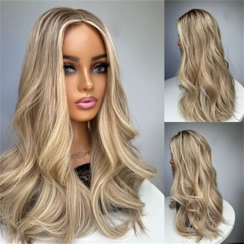 Perruque synthétique 13x4 Ombré Blond Doré Clair avec dentelle HD invisible, longue et ondulée, douc