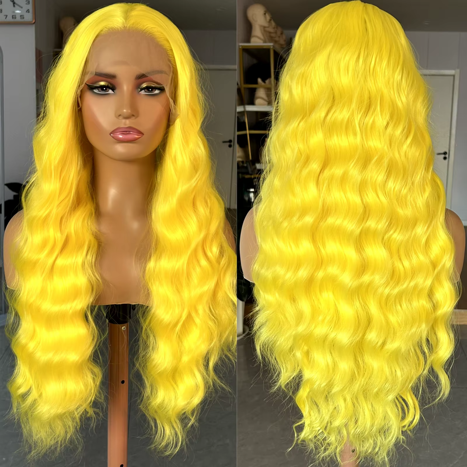 Perruque Lace Front Wig synthétique bouclée et naturelle, perruque jaune citron, longue et ondulée, 