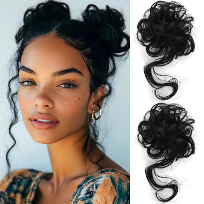 Chignon désordonné tressé, scrunchies, perruque synthétique bouclée, bandeaux élastiques, extensions