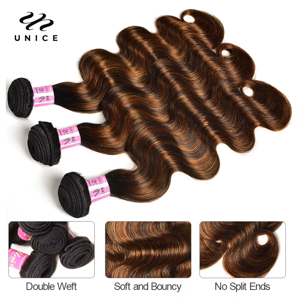 UNICE-Bundles de cheveux humains Body Wave, Balayage, Fermeture à lacet 4x4, Highlight, Faites une p