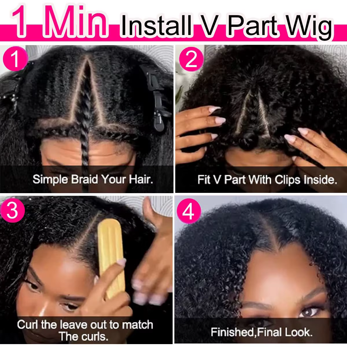 Perruque V-Part Deep Wave 40 pouces en cheveux humains, sans colle, densité 200, bouclée crépue, san
