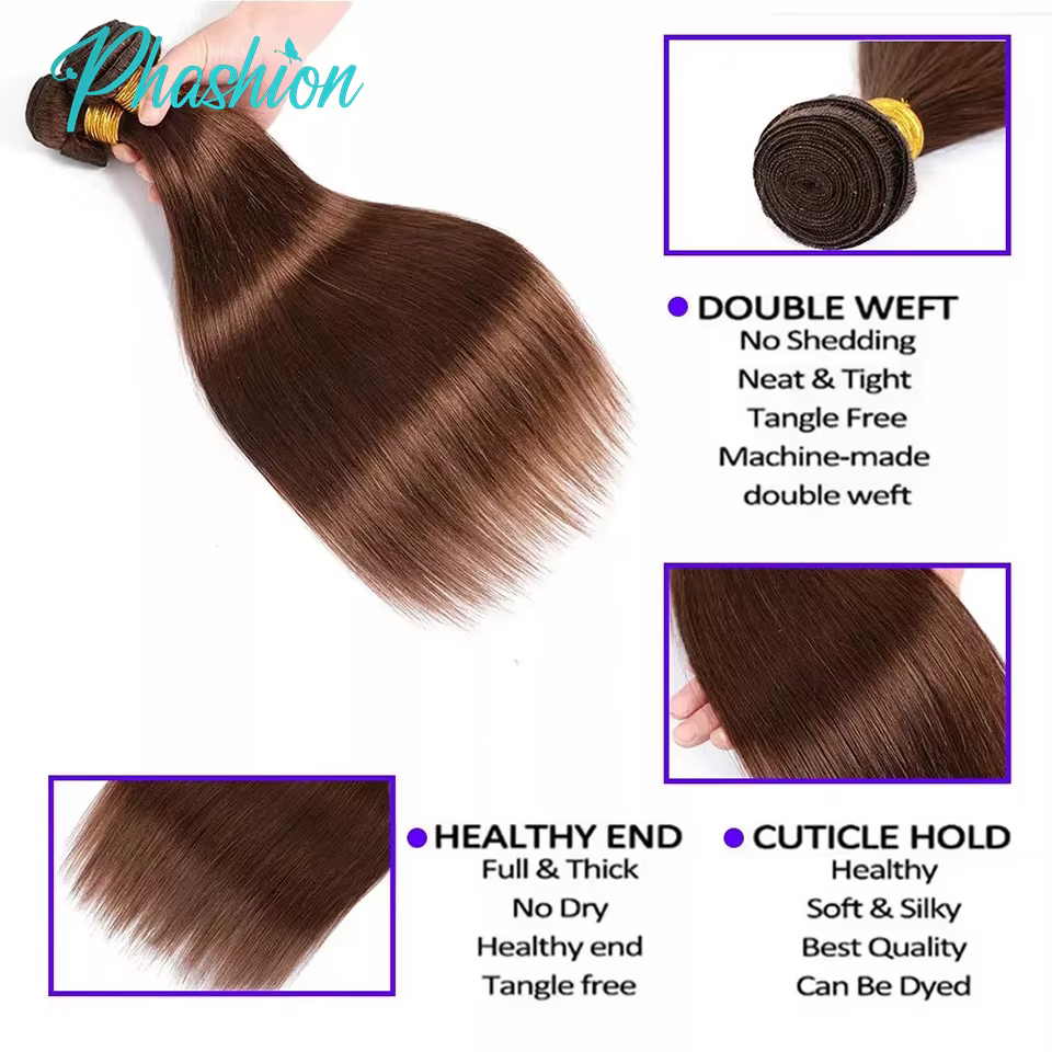 Phashion # 4 paquets droits brun chocolat armure avec fermeture à lacets 2x6 cheveux humains colorés