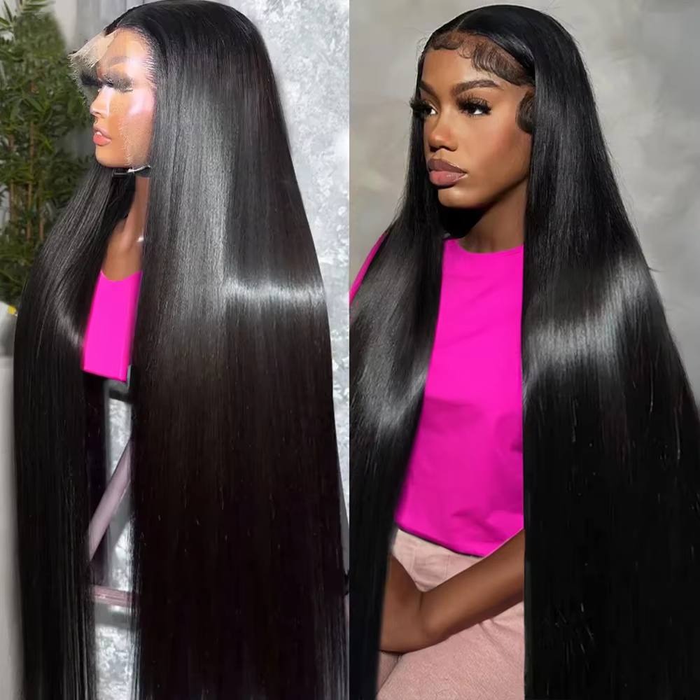 Perruques pré-épilées en cheveux humains Remy lisses, longues, densité 200, avec dentelle transparen
