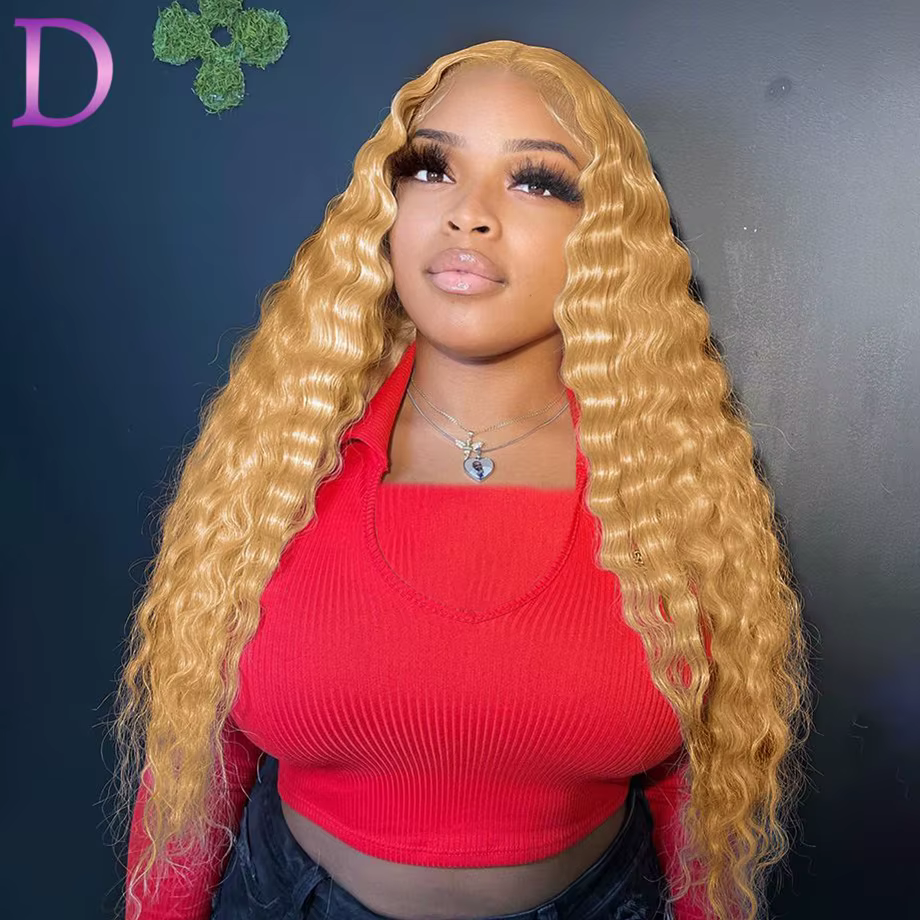 Dialola Perruque Cheveux Humains Bouclés Deep Wave Blonde Miel Couleur 27 Dentelle Frontale 13x4 13x
