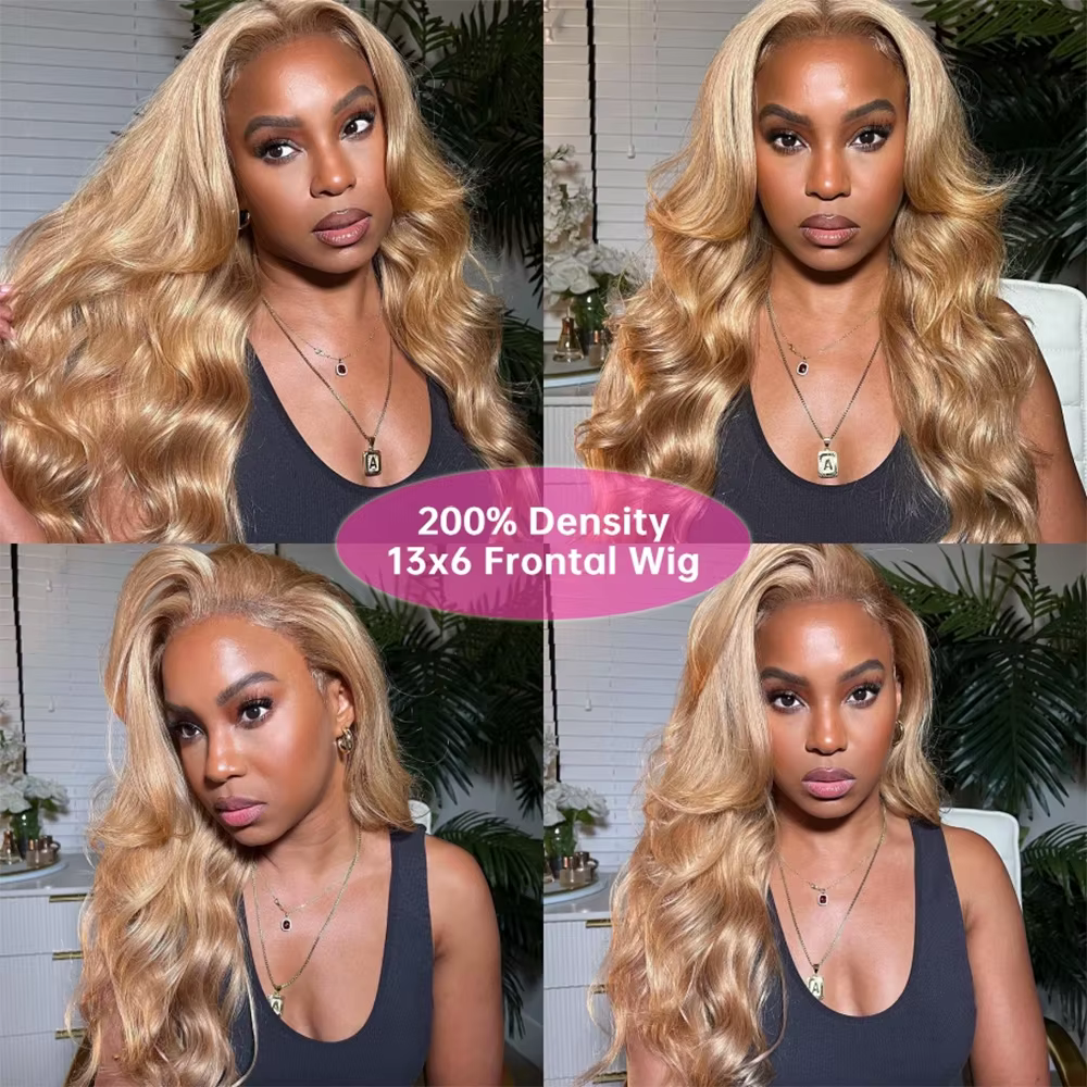 Perruque frontale en dentelle HD 13x6, couleur blonde miel, vague corporelle, perruque frontale en d