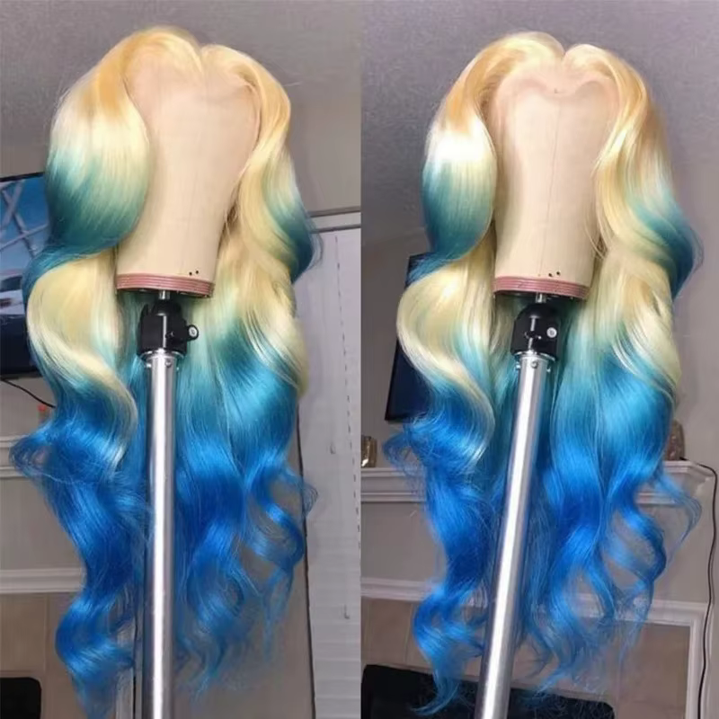 Perruque Lace Frontal Wig synthétique Body Wave à reflets bleus, blond ombré, 13x4 HD, haute qualité
