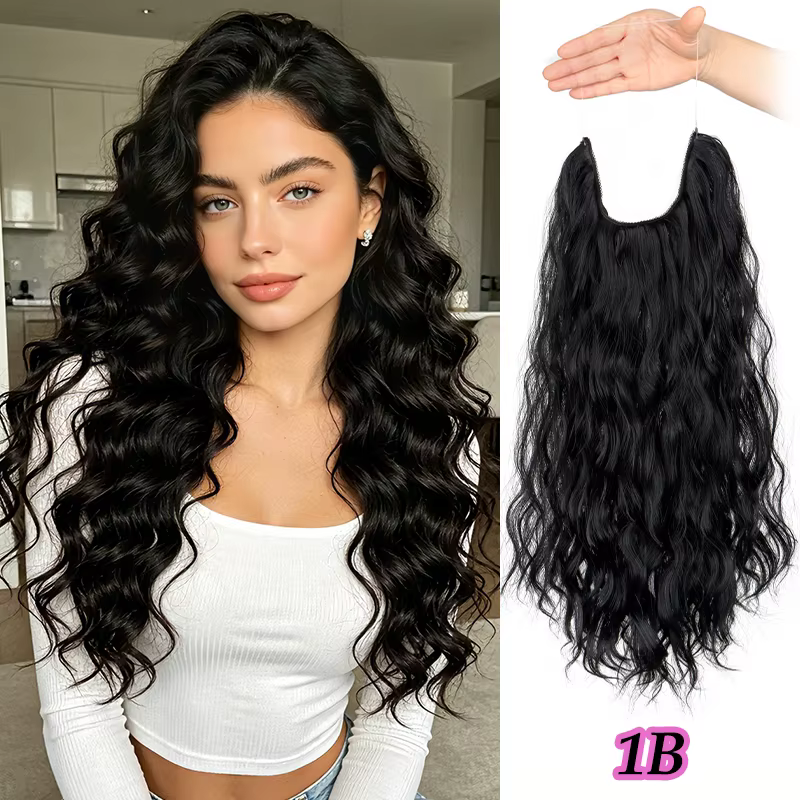 Extensions de cheveux à fil invisible, longues mèches synthétiques bouclées pour femmes, sans clips,