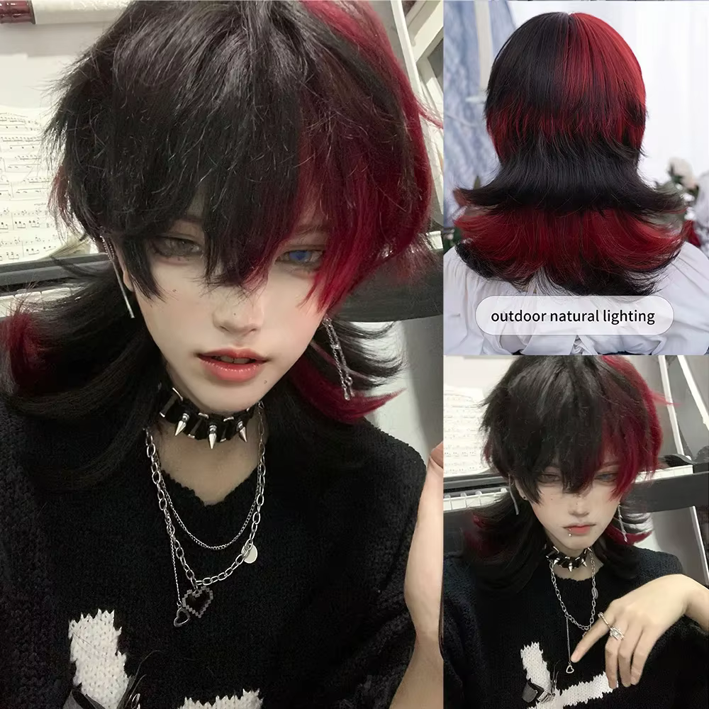 Belle perruque synthétique de couleur noire et rouge de 16 pouces avec frange, cheveux naturels ondu
