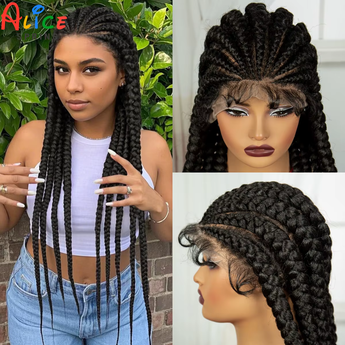 Perruques tressées Cornrow de 32 pouces, tresses synthétiques complètes en dentelle avec cheveux de 