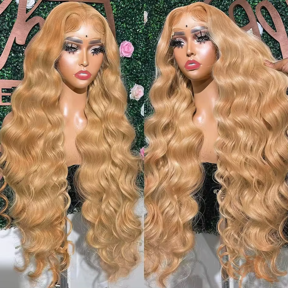 Perruque frontale en dentelle transparente HD 13x6 blonde miel # 27 perruques de cheveux humains de