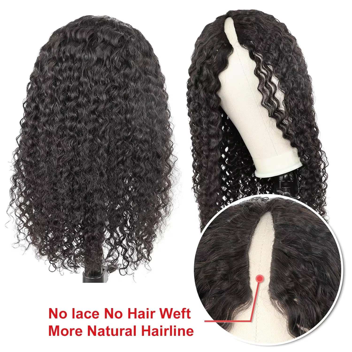 Perruque de cheveux humains bouclés profonds avec partie en V, sans laisser, perruques brésiliennes 
