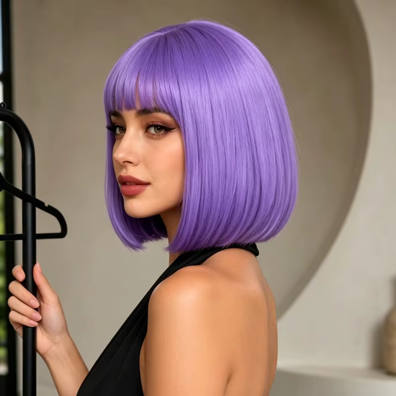Perruque courte synthétique pour femme, cheveux lisses et raides de 12 pouces, couleur violet clair,