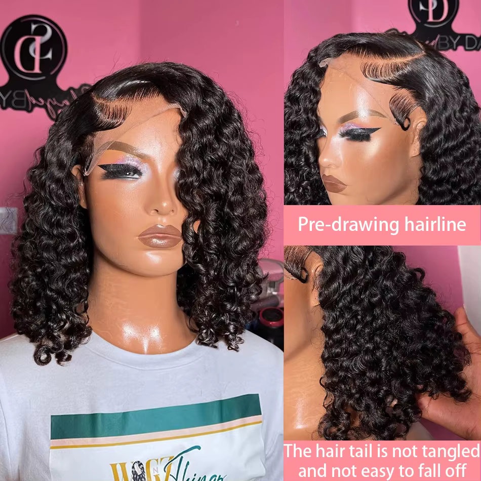 Perruque Lace Front 13x4 Courte Bouclée Bob 230% Pré-épilée, Ondulations Profondes, Perruque Frontal