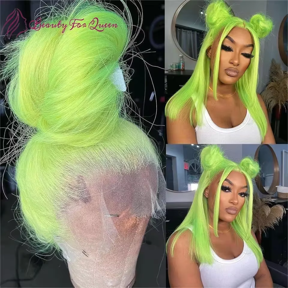 Perruque Courte Bob Vert Fluorescent en Cheveux Humains, Lace Front 13x4, Densité 180%, Qualité Chev