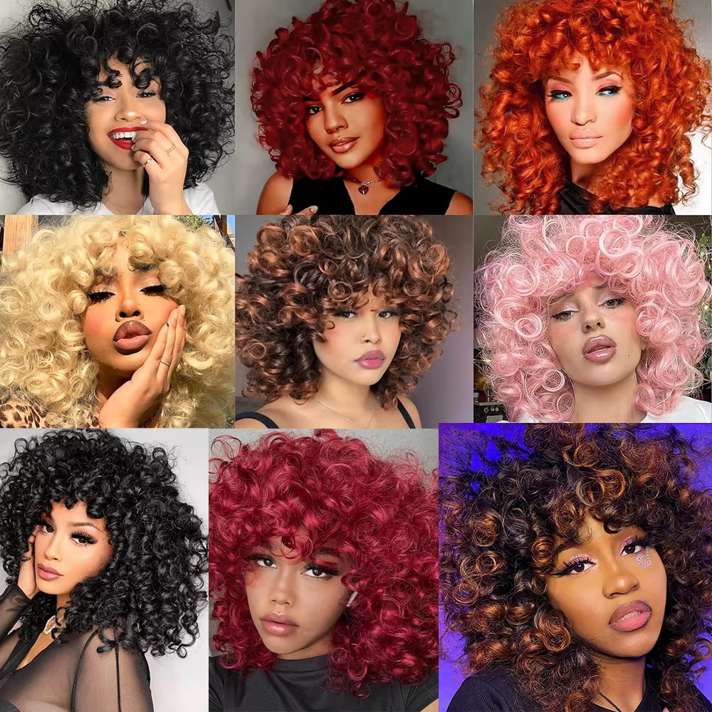 Perruque courte bouclée rouge ample pour femmes noires, perruque Afro bouclée avec frange en Fiber s