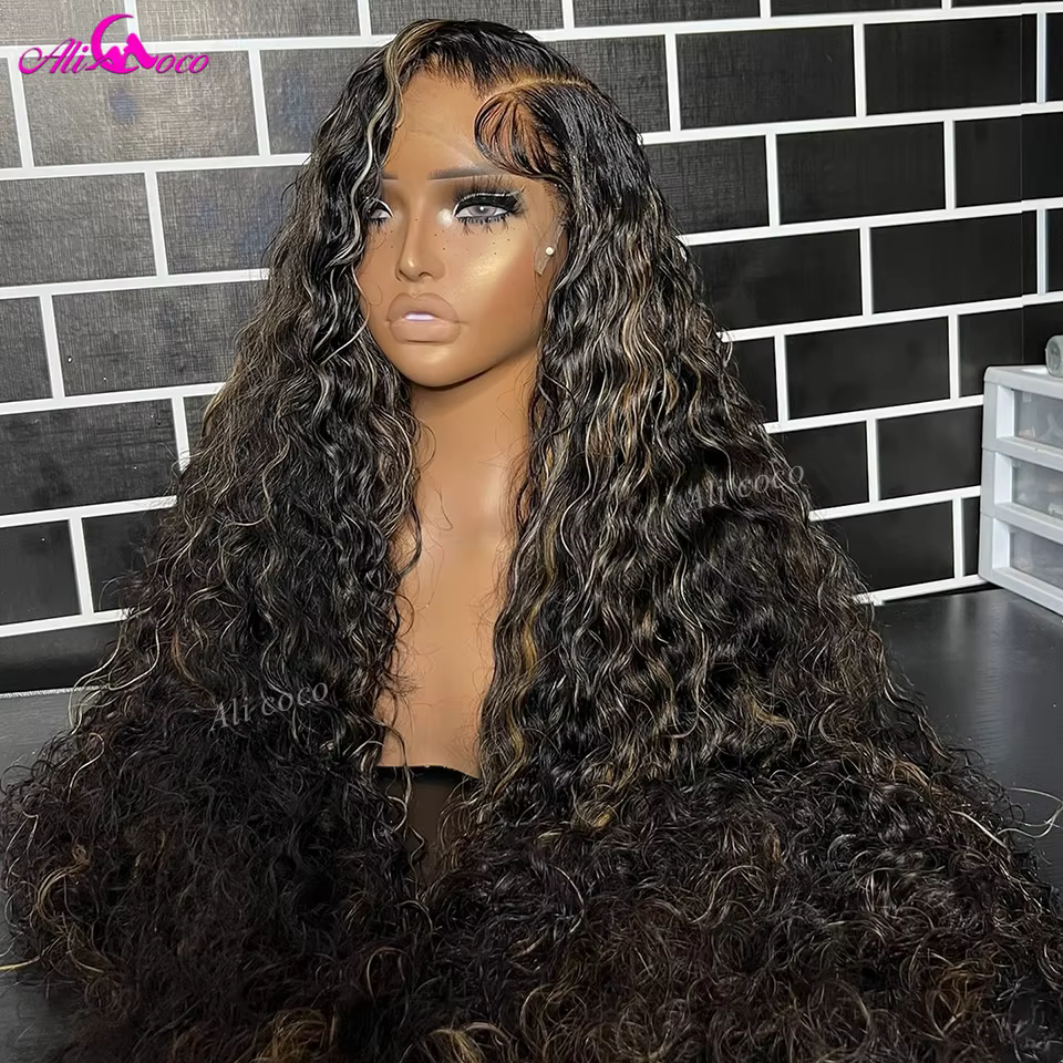 Perruque Lace Front Wig Naturelle Bouclée à Reflets, 13x6, 13x4, Balayage Coloré # 1b/27, Pre-Plucke