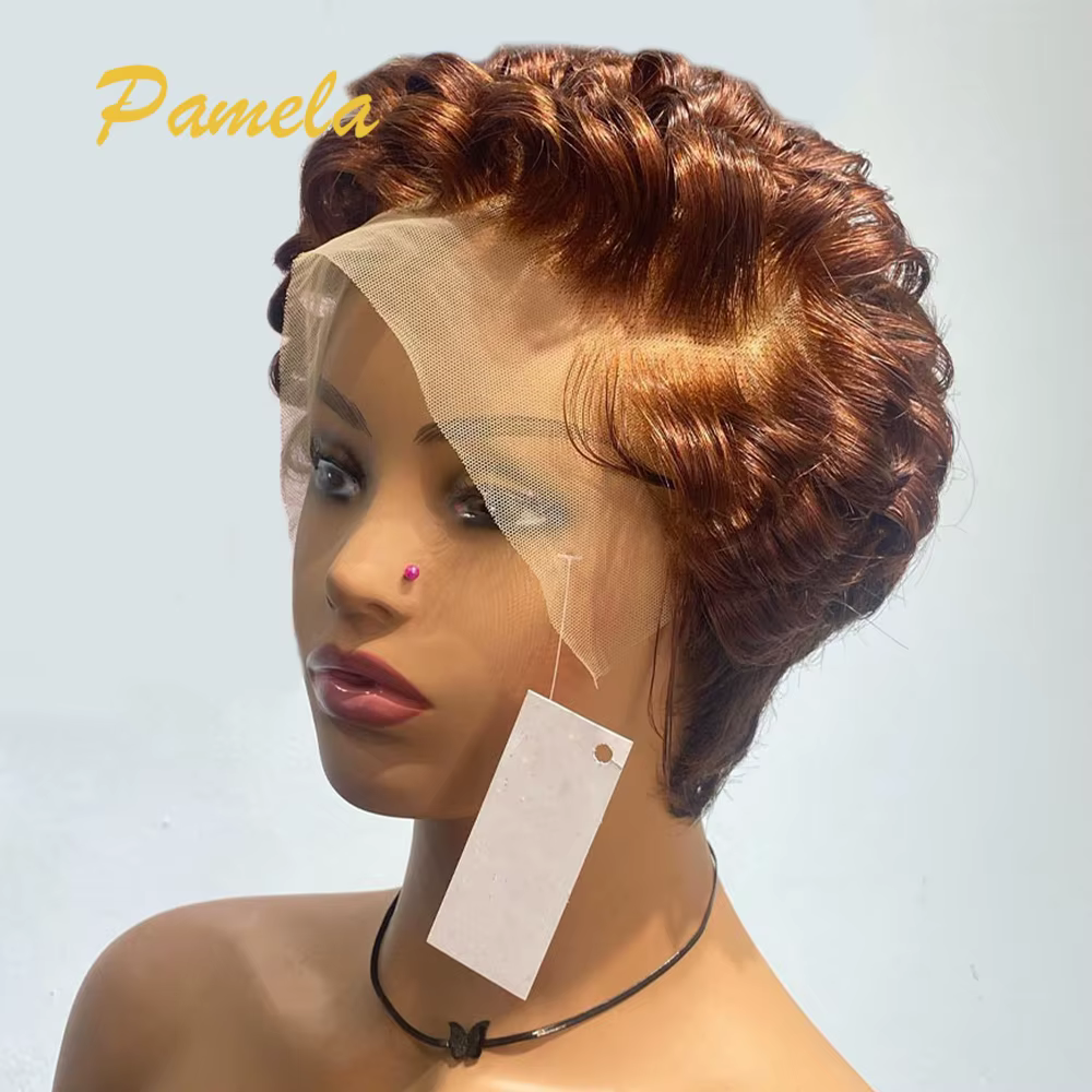 Perruques en cheveux humains courts et ondulés brun rougeâtre, coupe courte bob, blonde miel, coupe