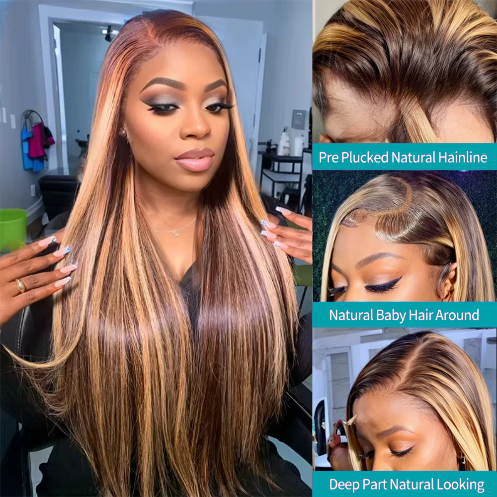 Perruque Lace Front Wig naturelle lisse à reflets P4/27, 13x6, perruque ombrée de couleur blond miel