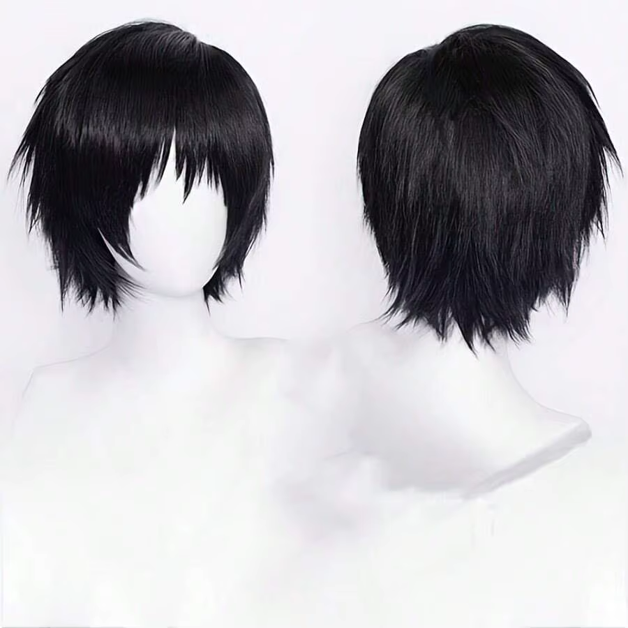 Perruque noire style anime avec frange, style synthétique court et lisse résistant à la chaleur pour