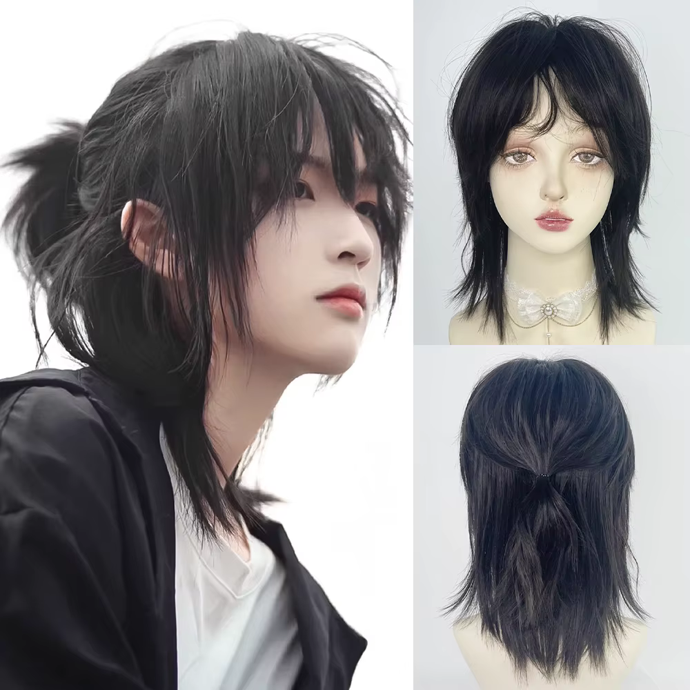 Perruque synthétique courte et lisse noire avec frange pour hommes, perruque de Cosplay Lolita moell