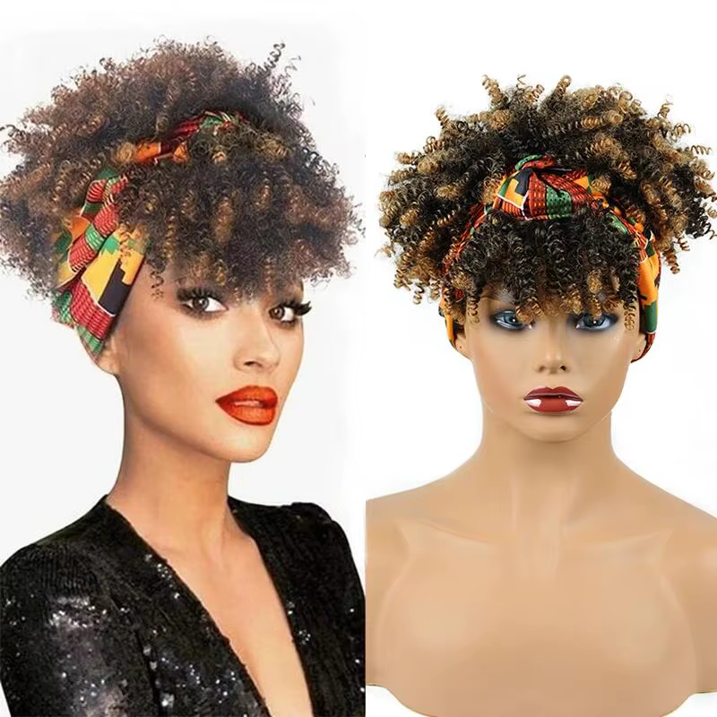 Perruque Afro bouclée crépue pour femmes, perruques synthétiques courtes avec bandeau attaché, perru