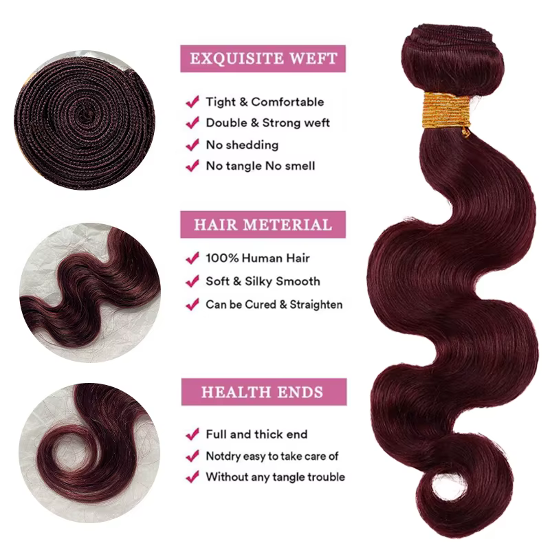 Extensions de cheveux humains 100% naturels, ondulés, couleur bordeaux 99j, 1/3/4 paquets, tissage b