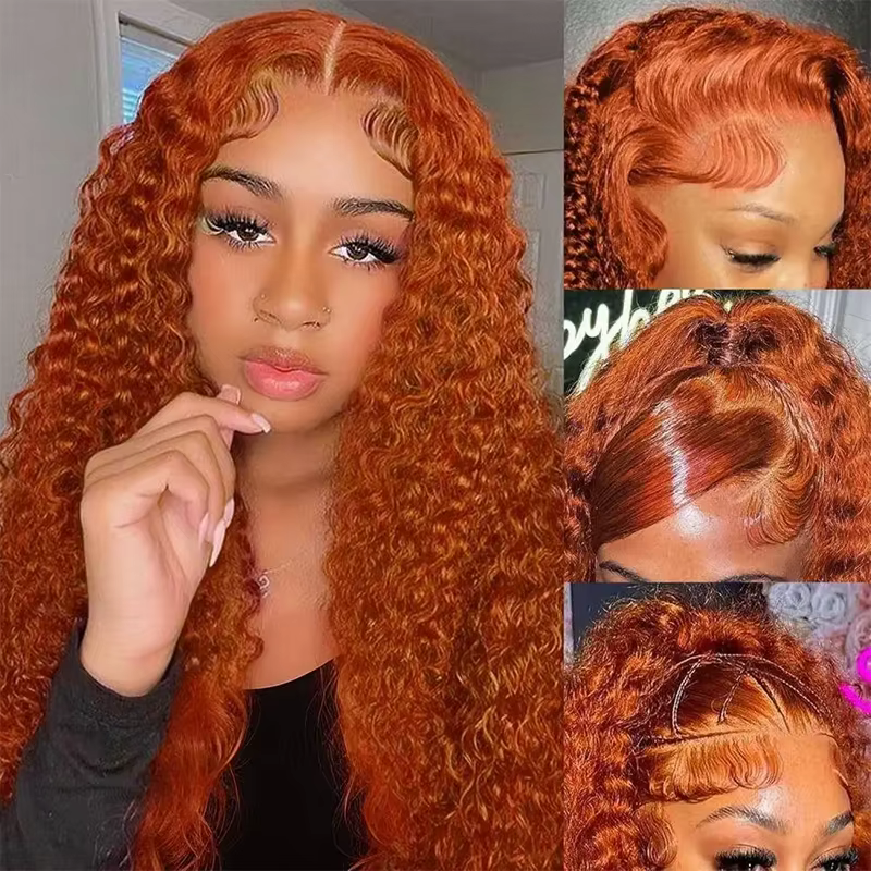 Perruque frontale bouclée Deep Wave de 36 pouces, couleur gingembre-orange, transparente 13x6 HD, en