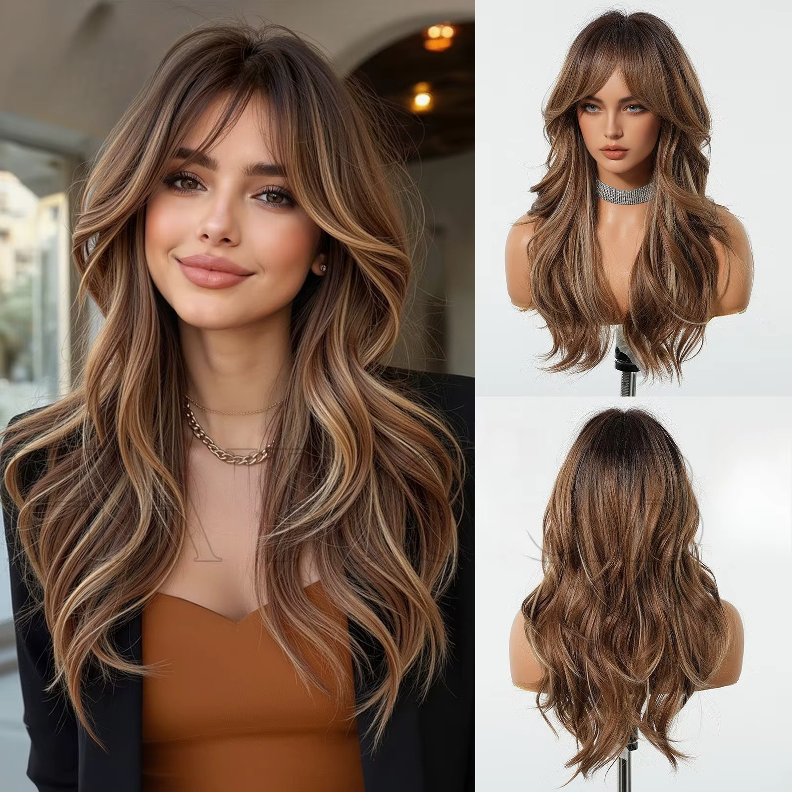 Perruques ondulées brunes pour femmes avec frange, perruque longue en cheveux synthétiques naturels,