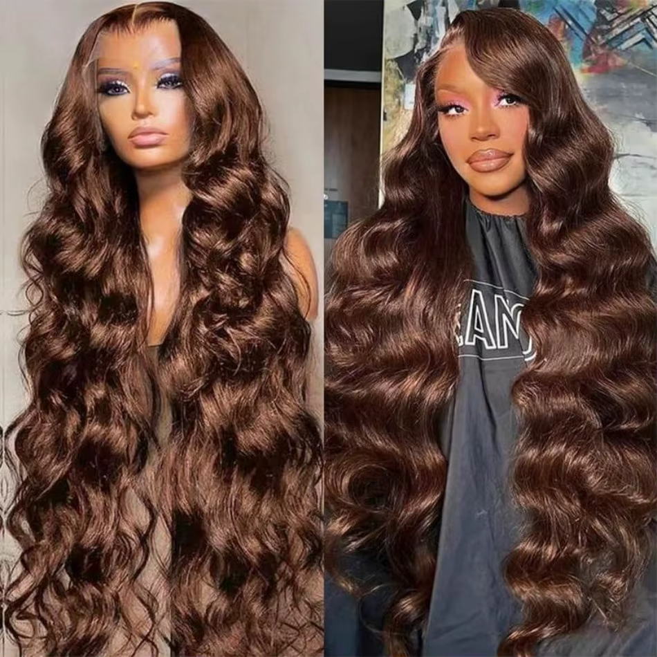 Perruques en cheveux humains ondulés brun chocolat, perruque frontale en dentelle HD 13x6, perruque 
